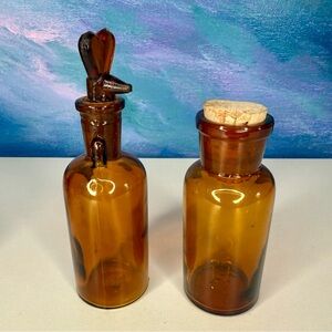 Mouse or Heart Shaped Brown Glass Vintage Apothecary Bottle Pair Chemist Antique